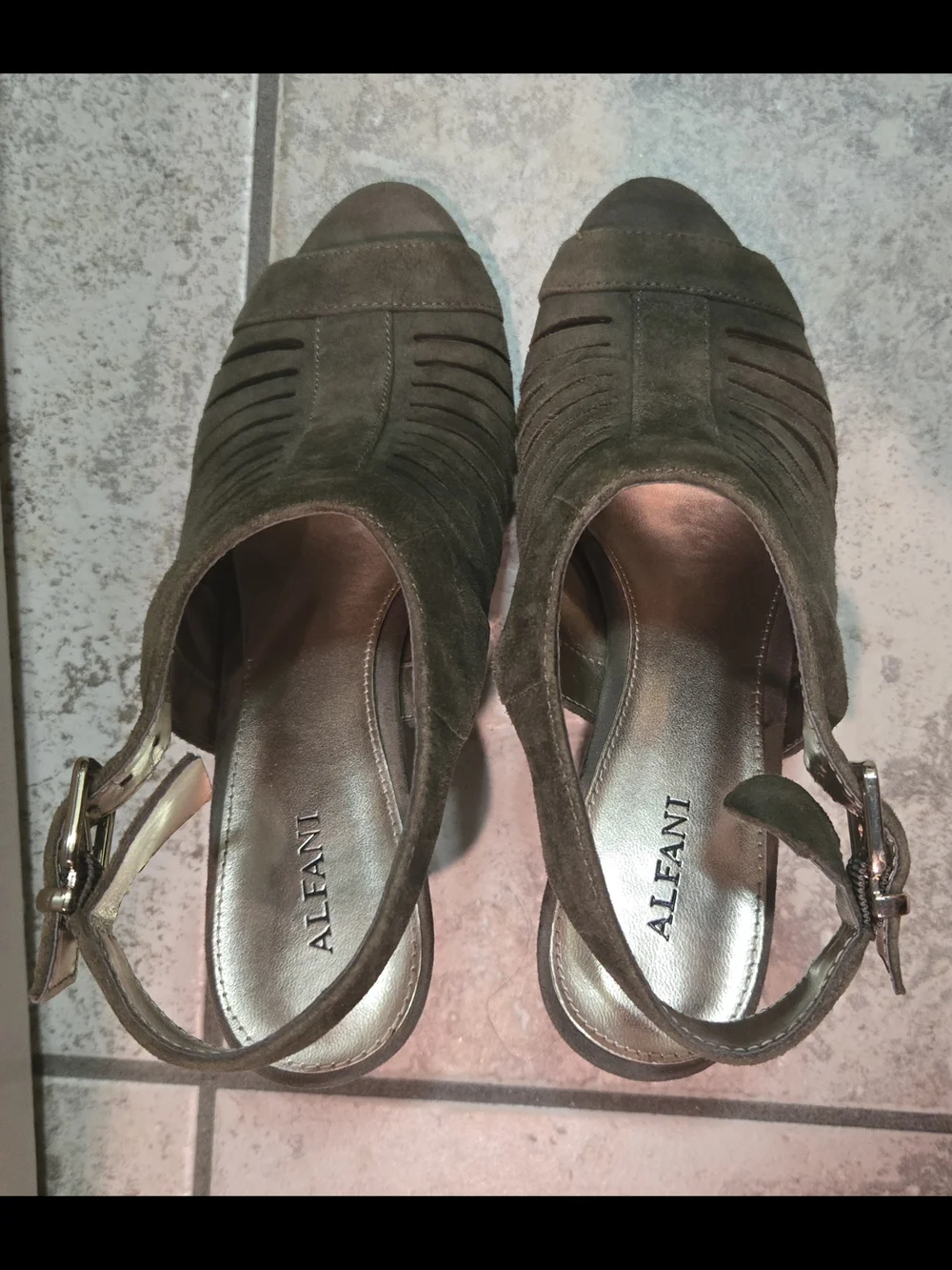 Alfani Olive Green Suede Cutout Peep-Toe Heels with Buckle Strap